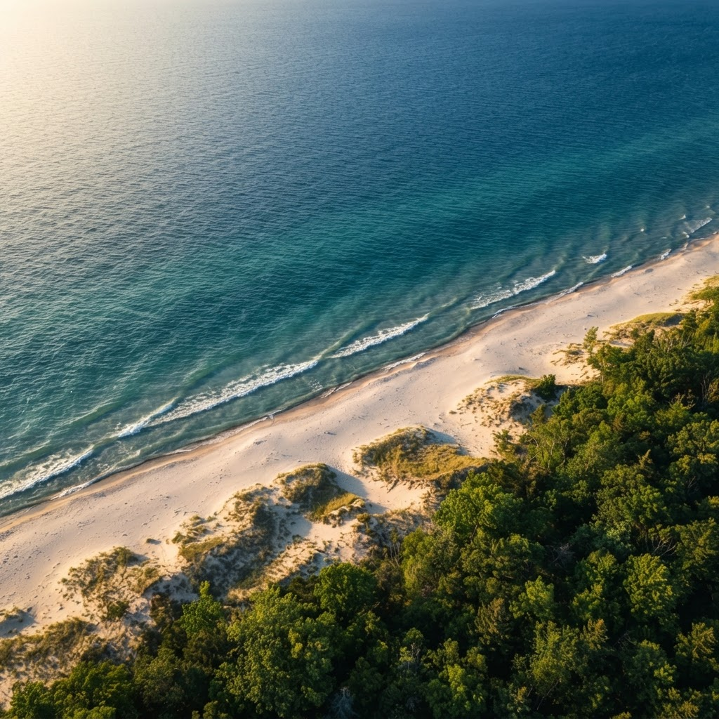 Aerial view of the Lake Michigan shoreline with dunes and forest